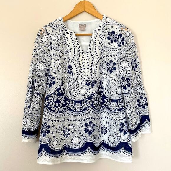 Chico's Tops - Chicos Split-Neckline Lace Top Blue and White Size S